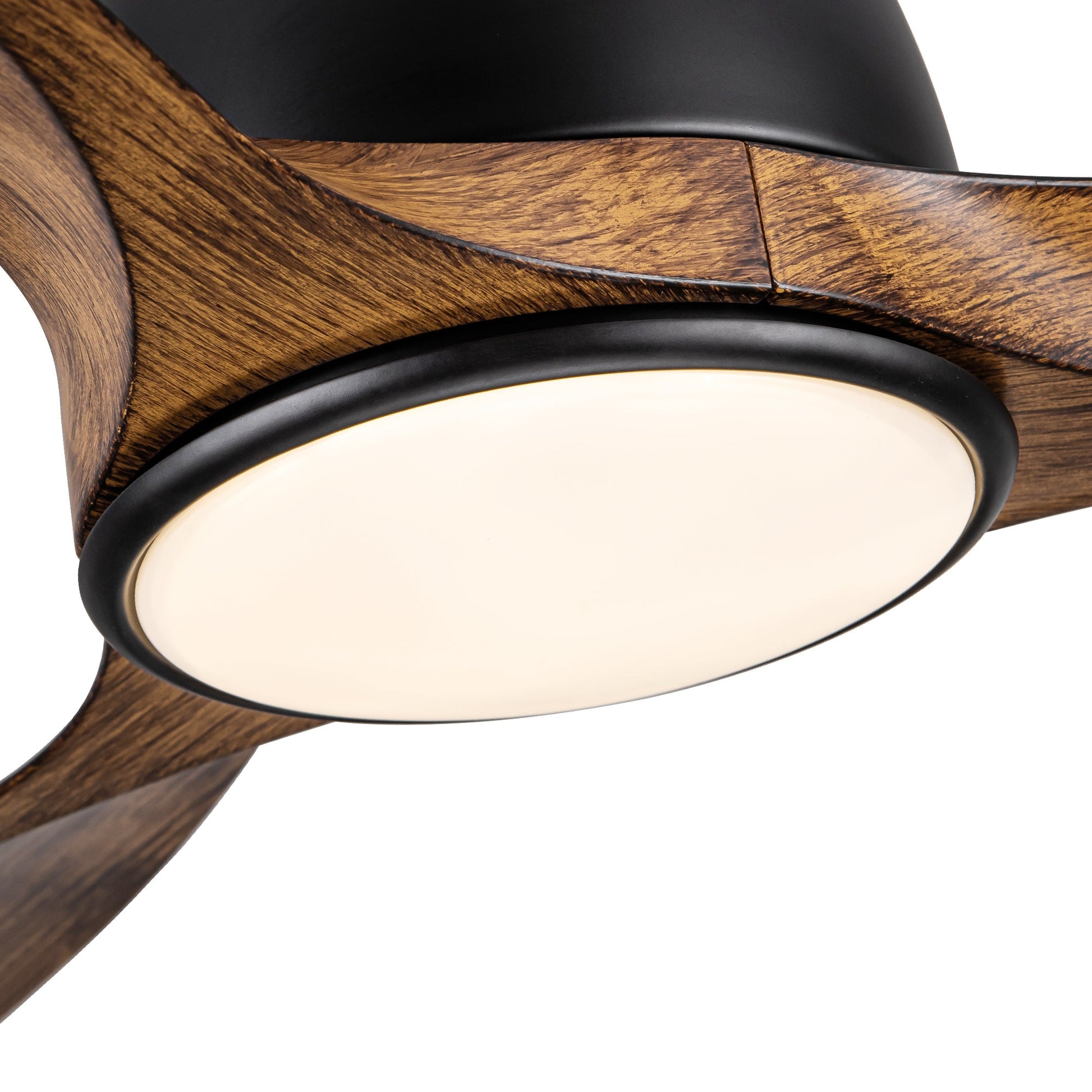 Integrated LED light dish with black trim and brown wood fan blades