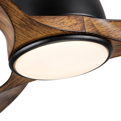 Integrated LED light dish with black trim and brown wood fan blades