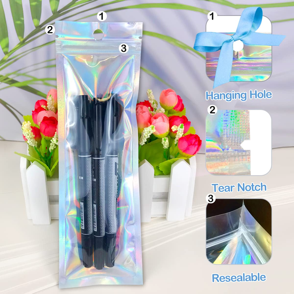Holographic hanging foil pouch bag with tear notch and resealable zip