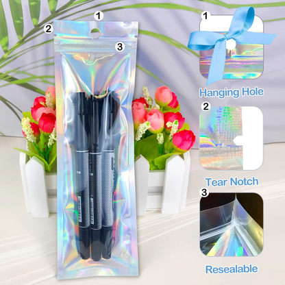 Holographic hanging foil pouch bag with tear notch and resealable zip