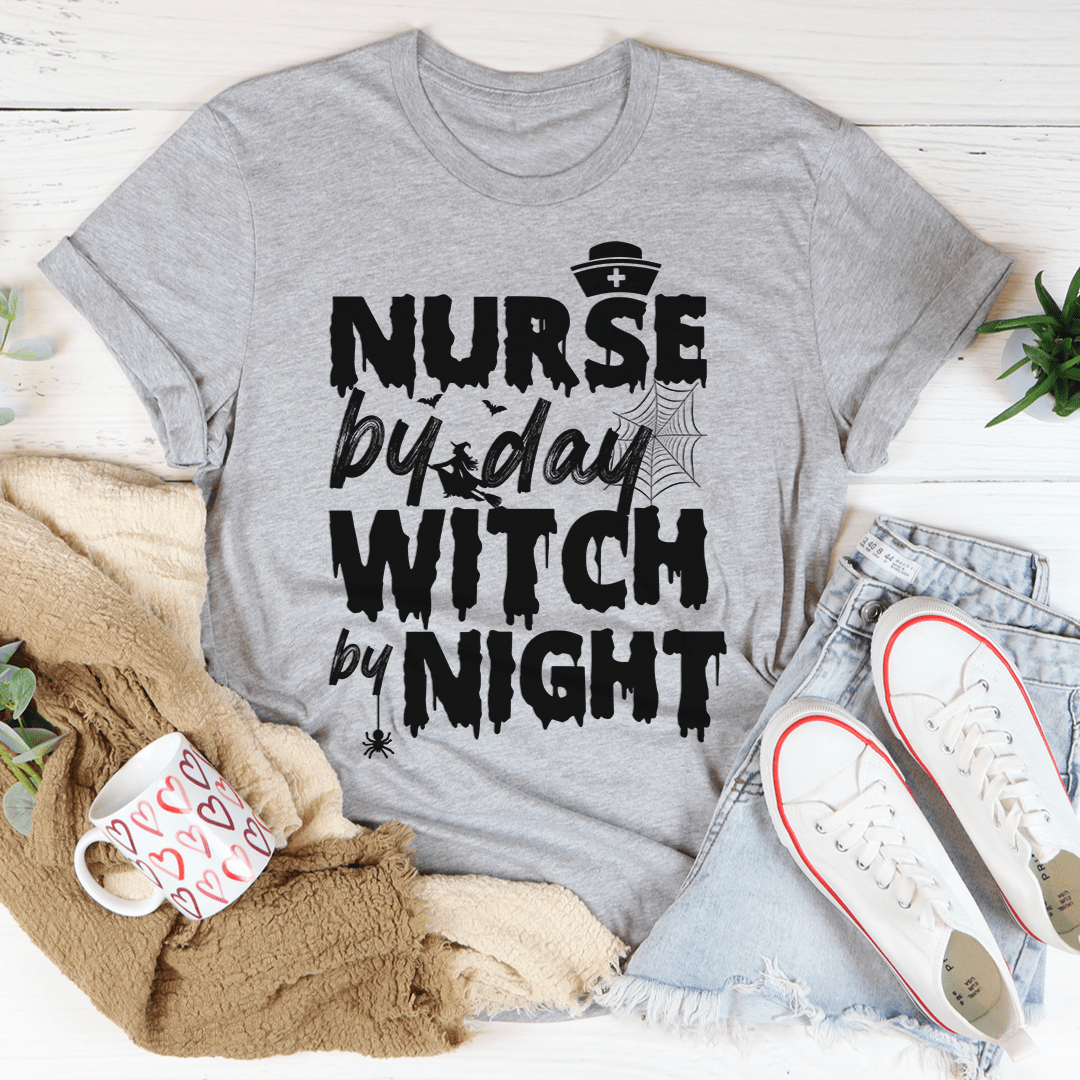 Heather gray T-shirt with black 'Nurse by Day Witch by Night' print.