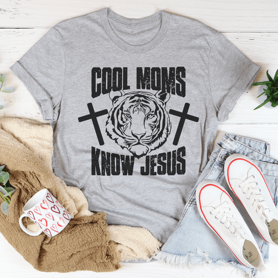 Athletic heather gray crewneck t-shirt with tiger face graphic and 'Cool Moms Know Jesus' text