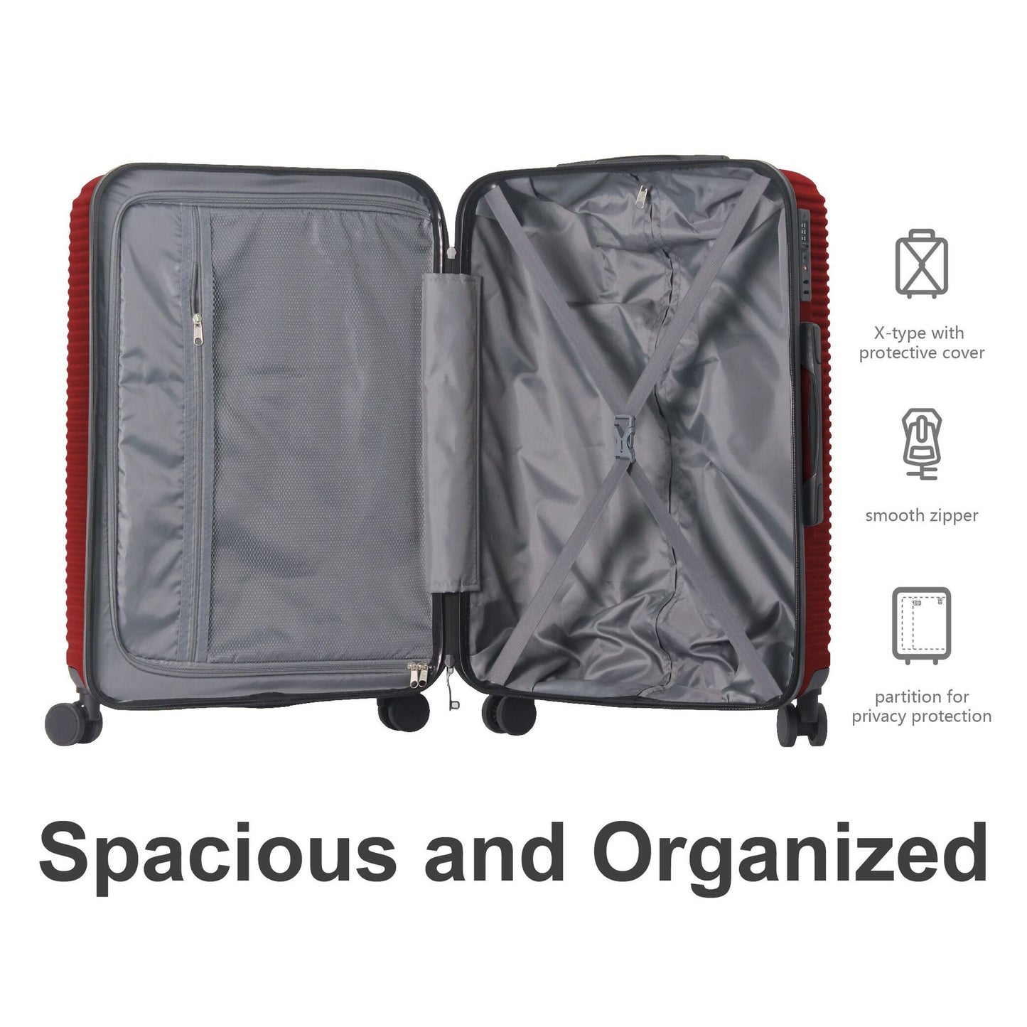 Luggage Sets ABS Hardshell 3pcs Luggage, Lightweight Durable Suitcase sets Spinner Wheels Suitcase with TSA Lock 20''24''28'' Available(WINE RED)