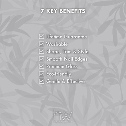 Key benefits for glass nail file: lifetime guarantee, washable, smooth edges