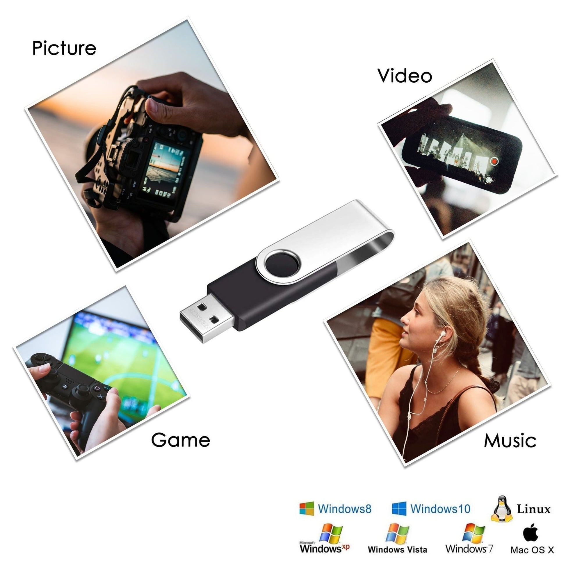 Metal USB flash drive with key ring shown for media transfer: video, music, game