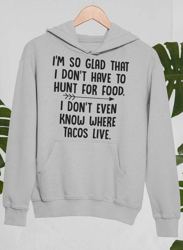 Ash gray hoodie with front pocket and bold food quote graphic on chest