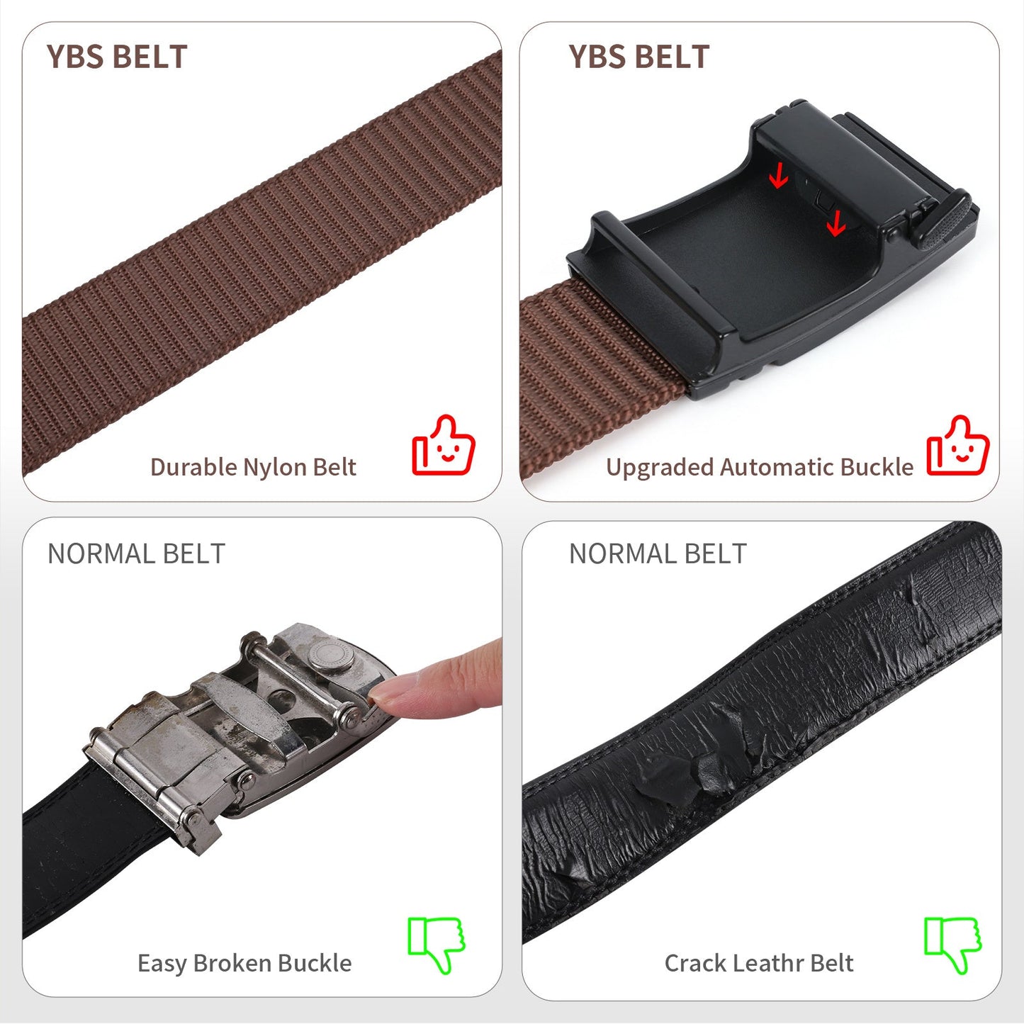 Brown nylon belt with black automatic buckle, close-up of buckle plate and strap