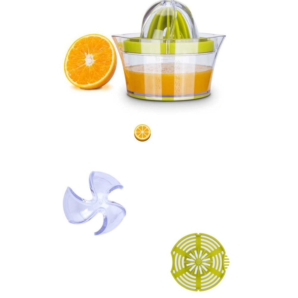 Green manual citrus squeezer with measuring cup and cone, shown with citrus pieces.