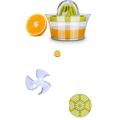 Green manual citrus squeezer with measuring cup and cone, shown with citrus pieces.