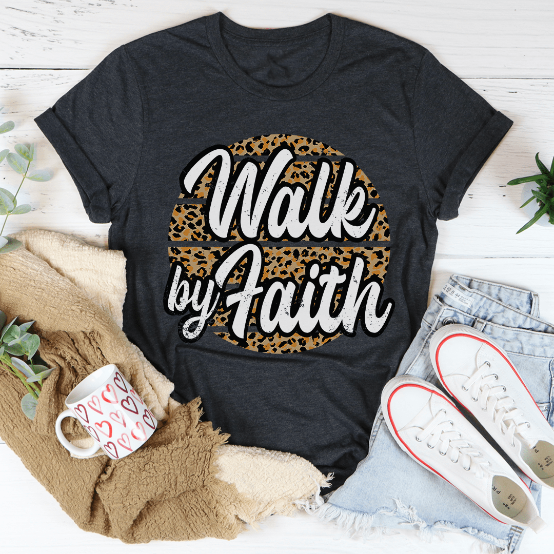 Dark grey crew-neck short-sleeve T-shirt with leopard 'Walk by Faith' front graphic