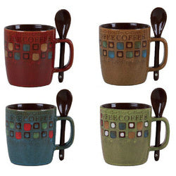 Coffee mug set with four 13 oz mugs in dark red, tan, teal, and olive, each with handle