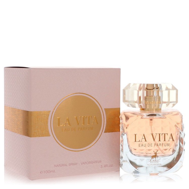 Eau de parfum spray bottle with clear glass and gold cap, with matching pink gift box