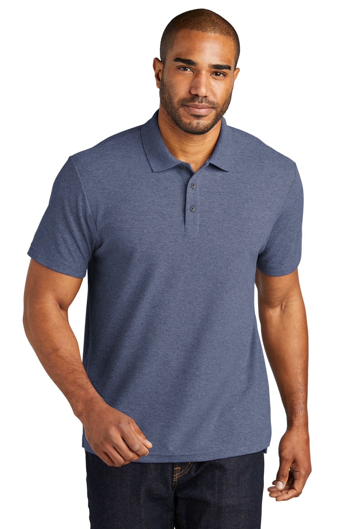 Cotton blend pique polo shirt in slate blue with short sleeves and button placket