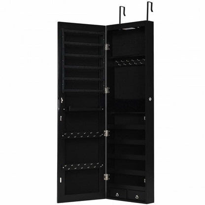 Mirrored jewelry cabinet with lights, black interior with shelves, drawers, and hook panels