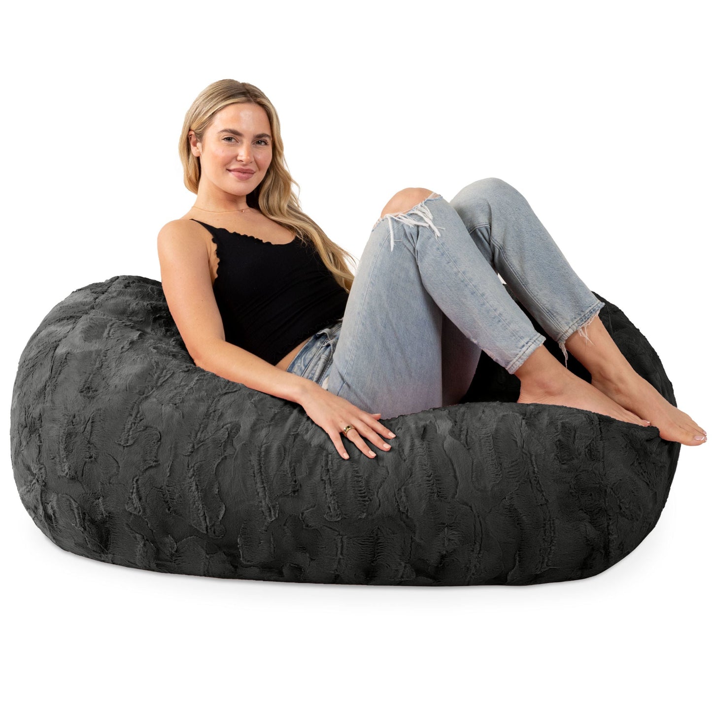 Black bean bag couch with textured fabric, oval seating for lounging
