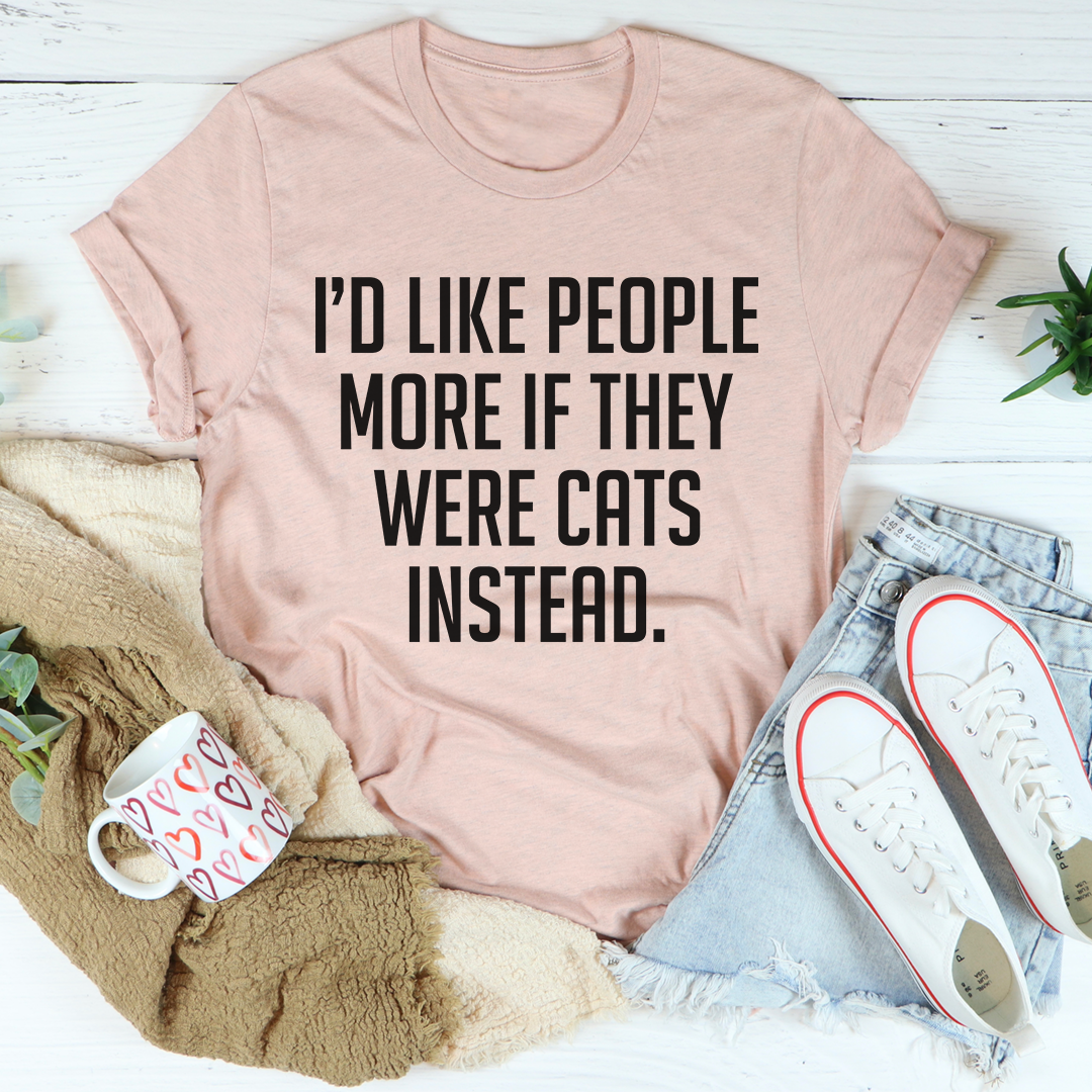 Mauve crew-neck T-shirt with cat quote graphic in bold black text.