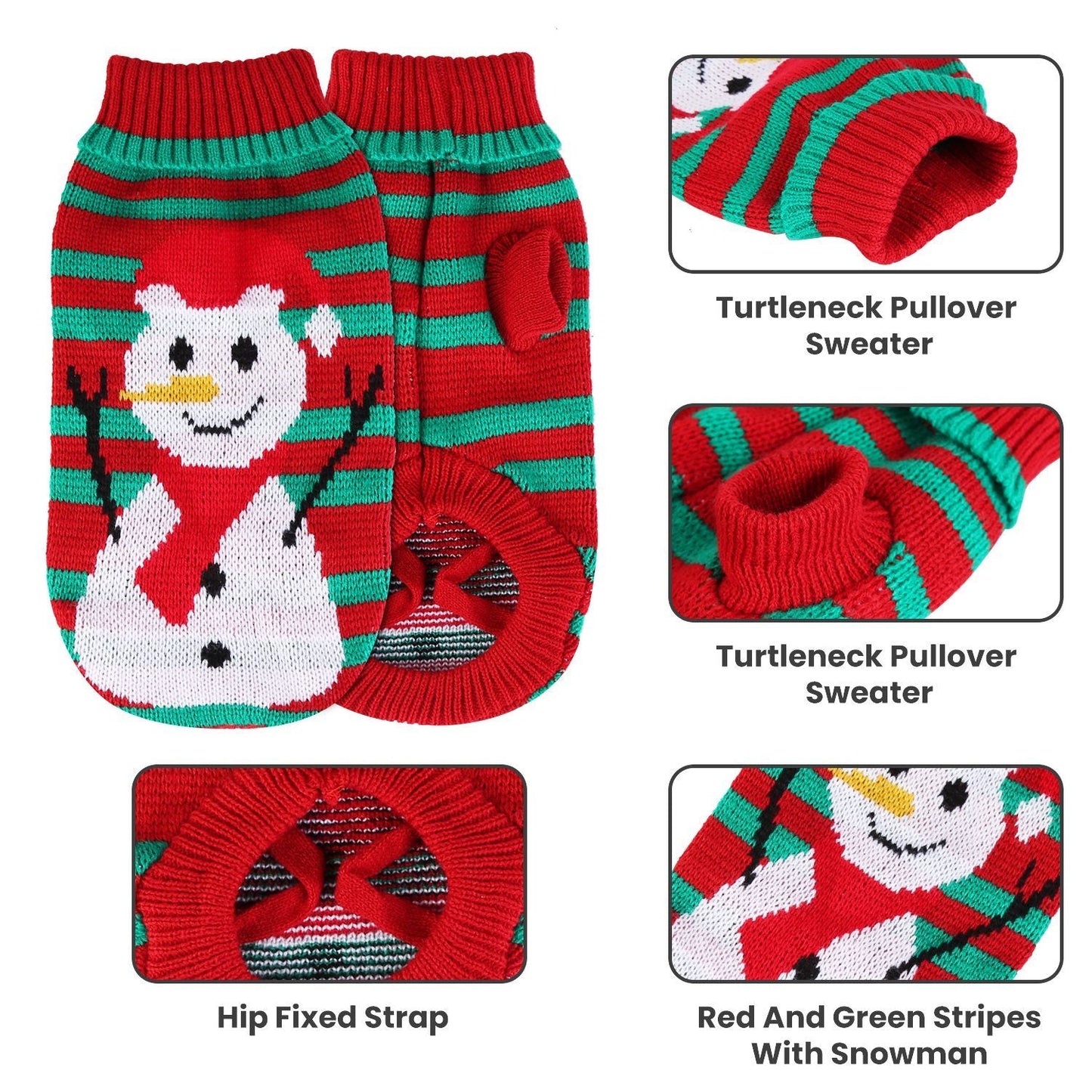 Pet Christmas turtleneck sweater with snowman graphic, red-and-green striped knit and ribbed collar