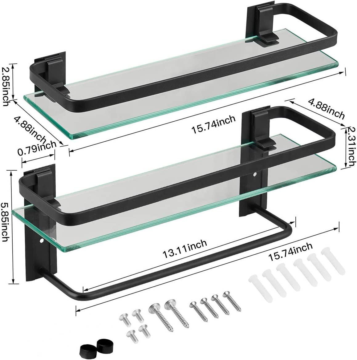 Two-tier glass bathroom shelf with black towel holder and included mounting hardware