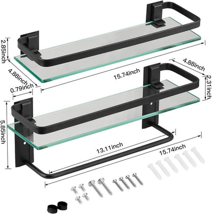 Two-tier glass bathroom shelf with black towel holder and included mounting hardware