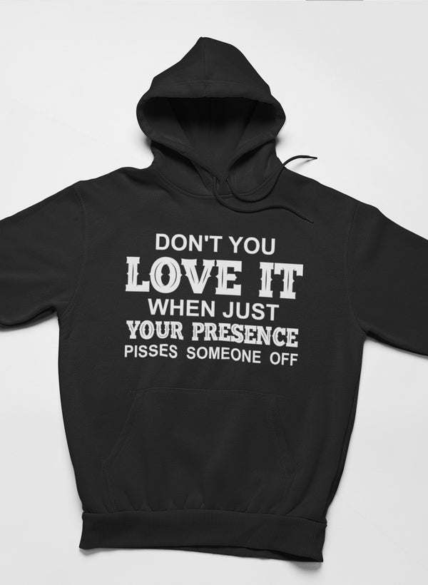 Black pullover hoodie with front text graphic and drawstring hood