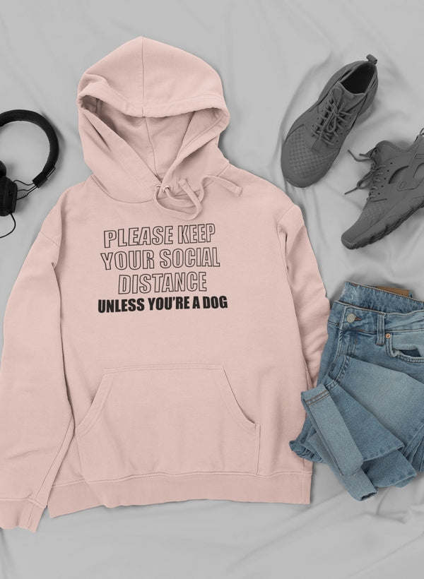 Light pink hoodie with front pocket and drawstring, centered statement text print