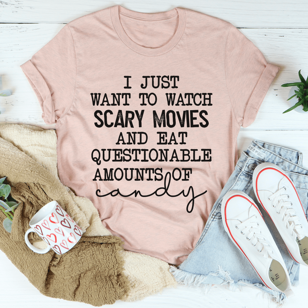 Blush pink T-shirt with bold scary movies and candy quote print