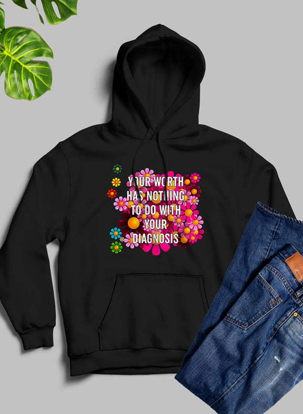 Black hoodie, hood up, front pocket, centered colorful flower text graphic.