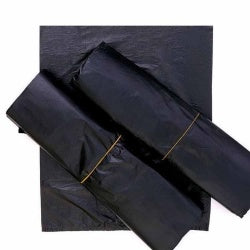 Black disposable trash bags, flat folded multi-pack.