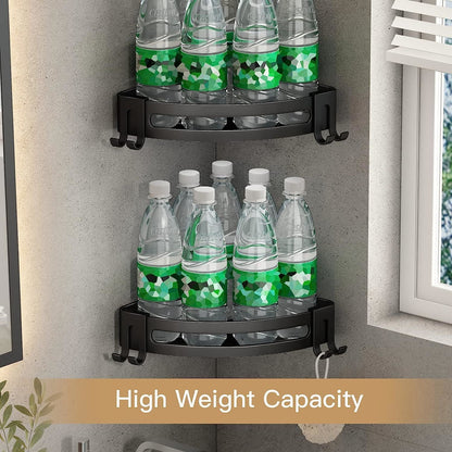 Black corner shower shelf caddy with two shelves holding multiple bottles and cups