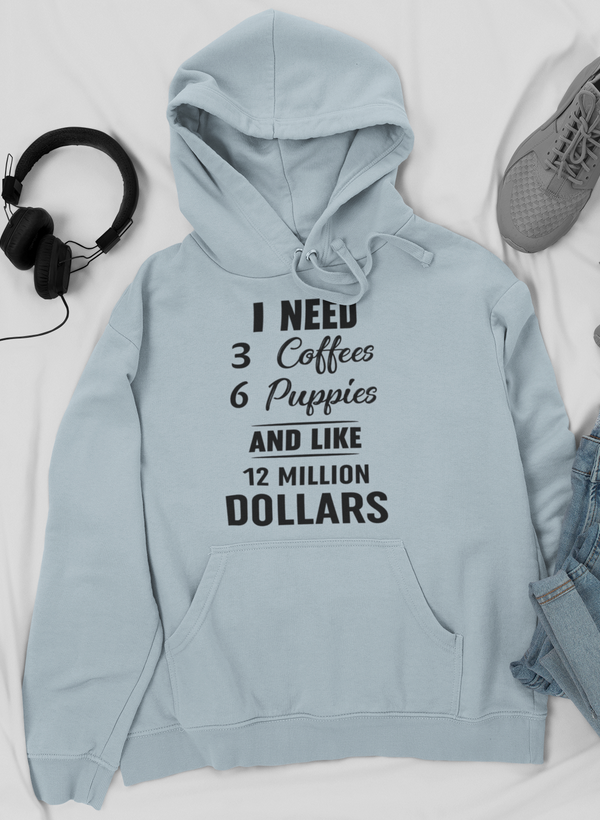 Light blue hoodie sweatshirt with front text graphic and kangaroo pocket