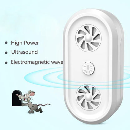 White ultrasonic pest repellent unit with dual speaker grilles and power icon