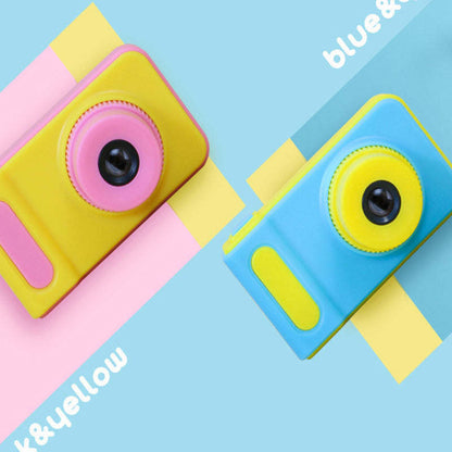Kids cameras close-up in blue and pink with circular lens and side buttons