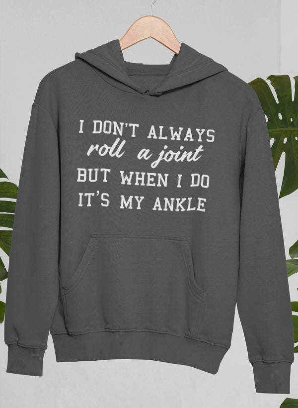 Charcoal gray pullover hoodie with hood, front pocket, and printed quote design.