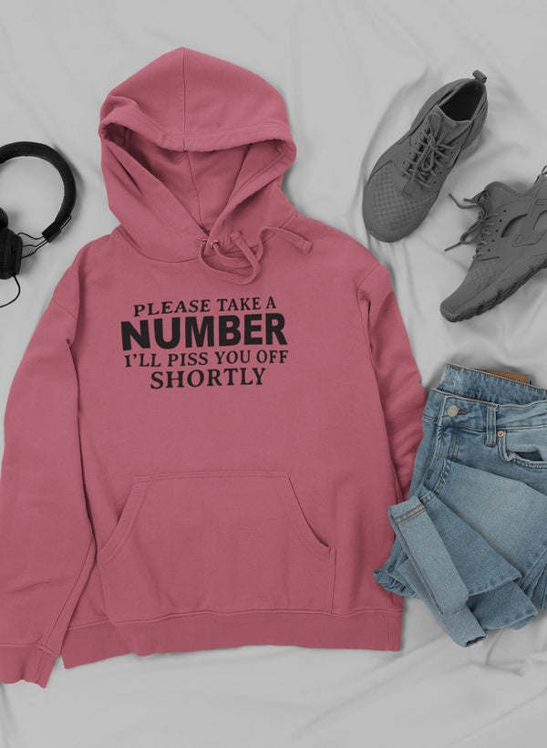 Mauve pink hoodie with kangaroo pocket and drawstring hood, printed slogan on chest