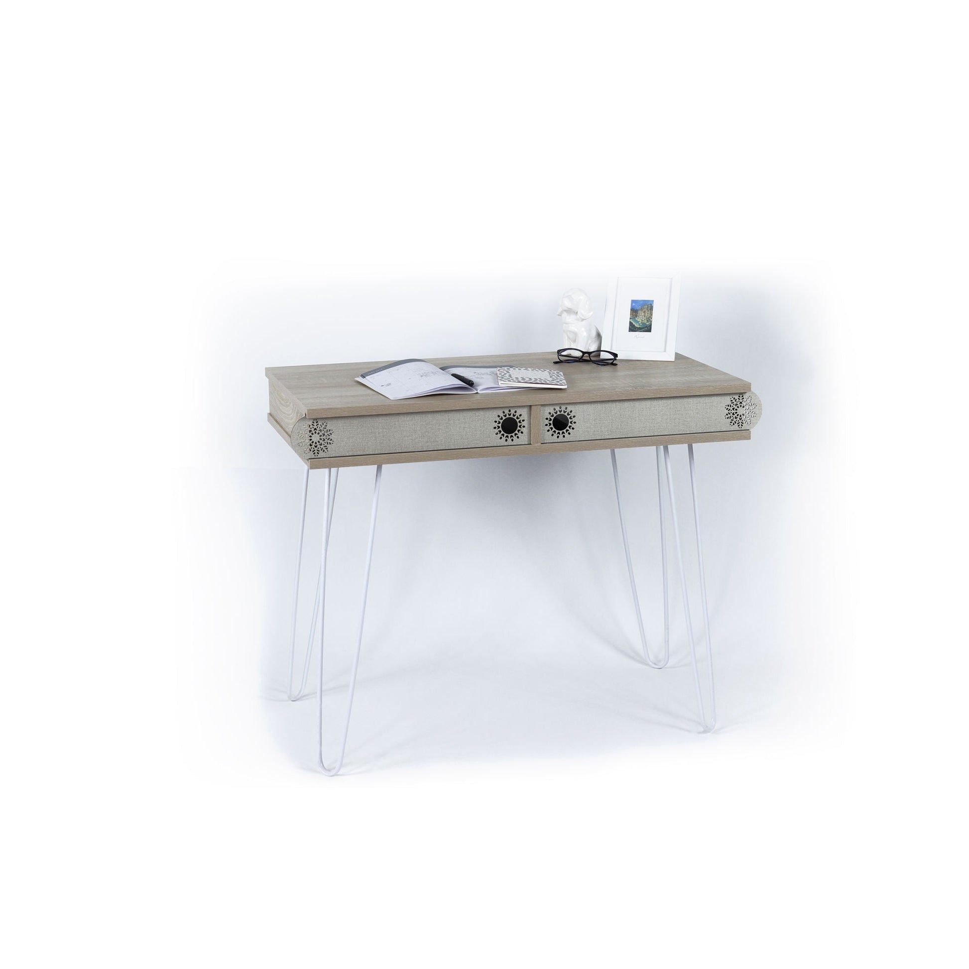 Two-tier modern desk with light wood tabletop and decorative metal accents