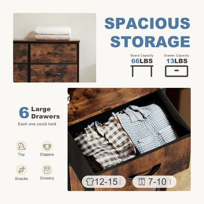 Dresser for Bedroom 6 Drawers Wide Fabric Storage Units Chest of Drawers for Bedroom with Metal Frame and Wooden Top for TV