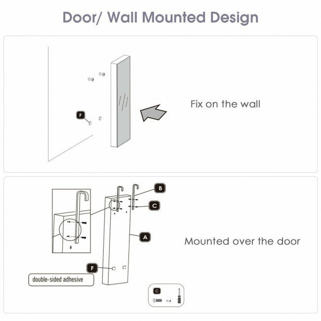 Door/wall mounted jewelry cabinet installation diagram with mounting over door and wall