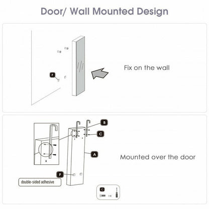 Door/wall mounted jewelry cabinet installation diagram with mounting over door and wall