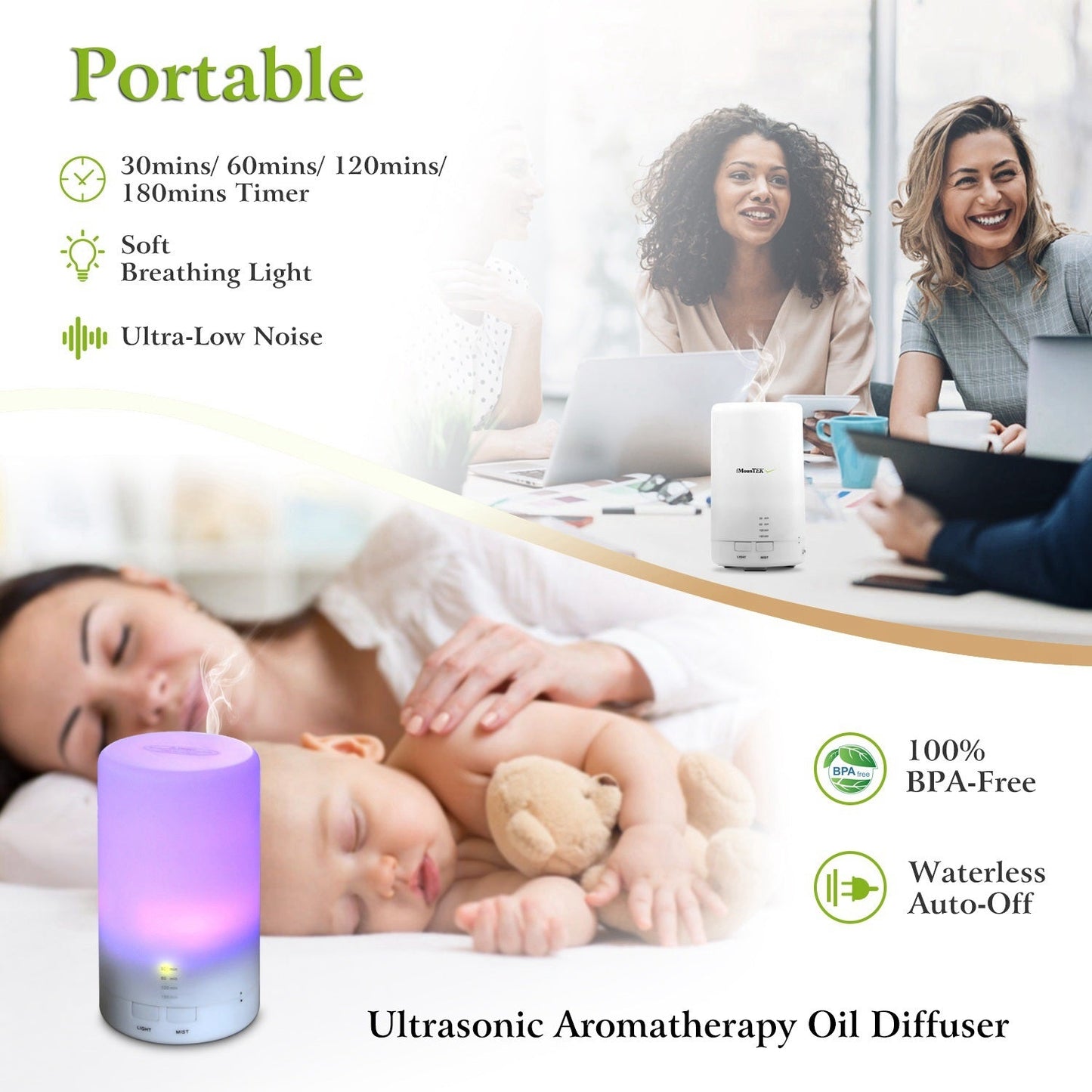 Mini ultrasonic aroma oil diffuser with purple LED light near sleeping area