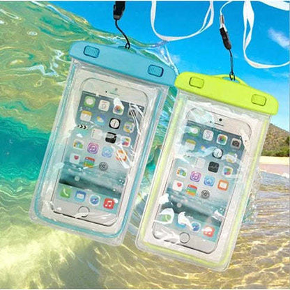 Transparent waterproof phone pouches in blue and lime green with clear windows
