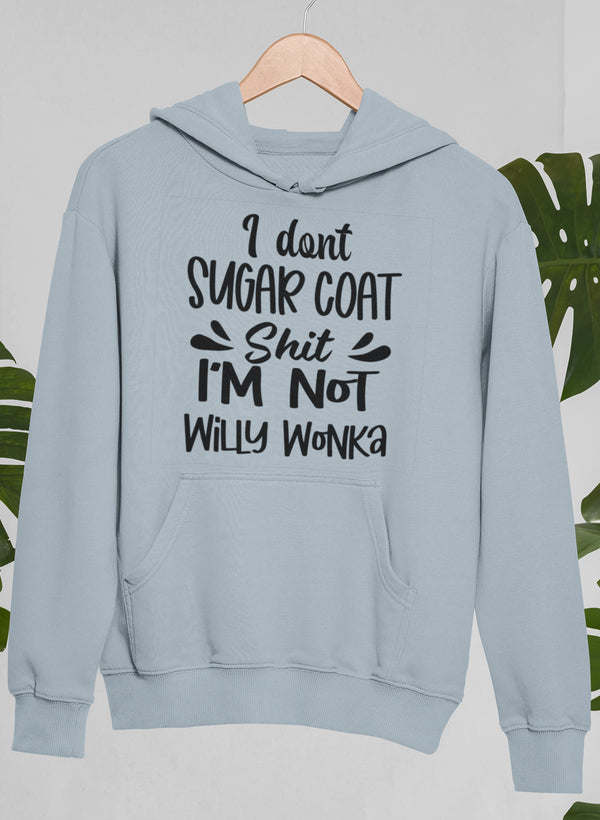 Light blue hoodie with hood and front pocket, centered slogan graphic