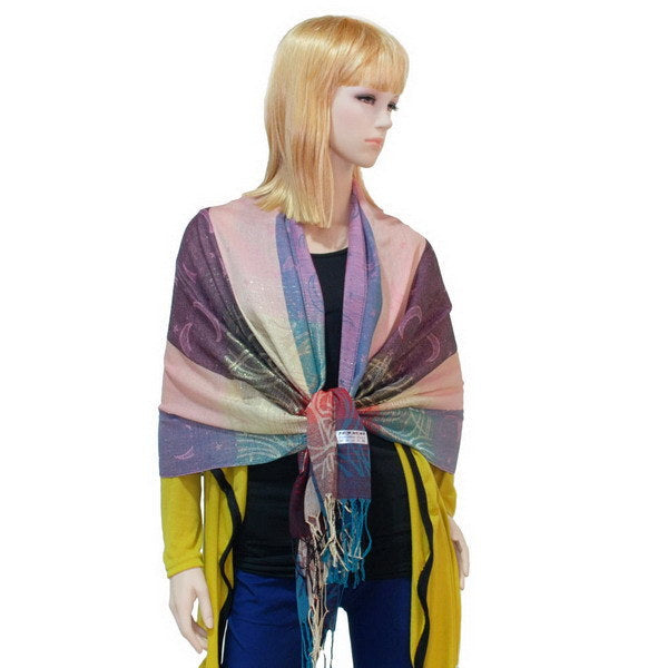 Pashmina shawl on model in purple, blue, and pink with tassel fringe