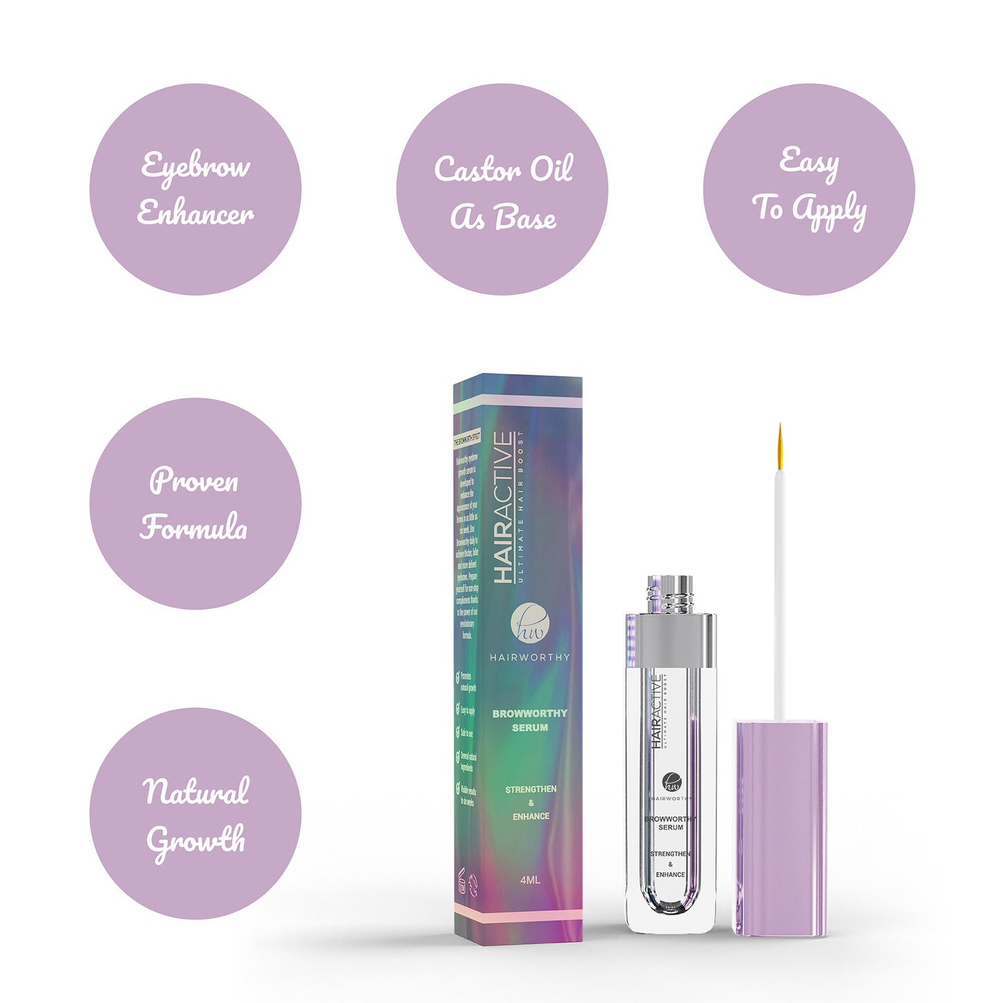 Eyebrow serum bottle with applicator, beside boxed serum; purple cap and clear barrel