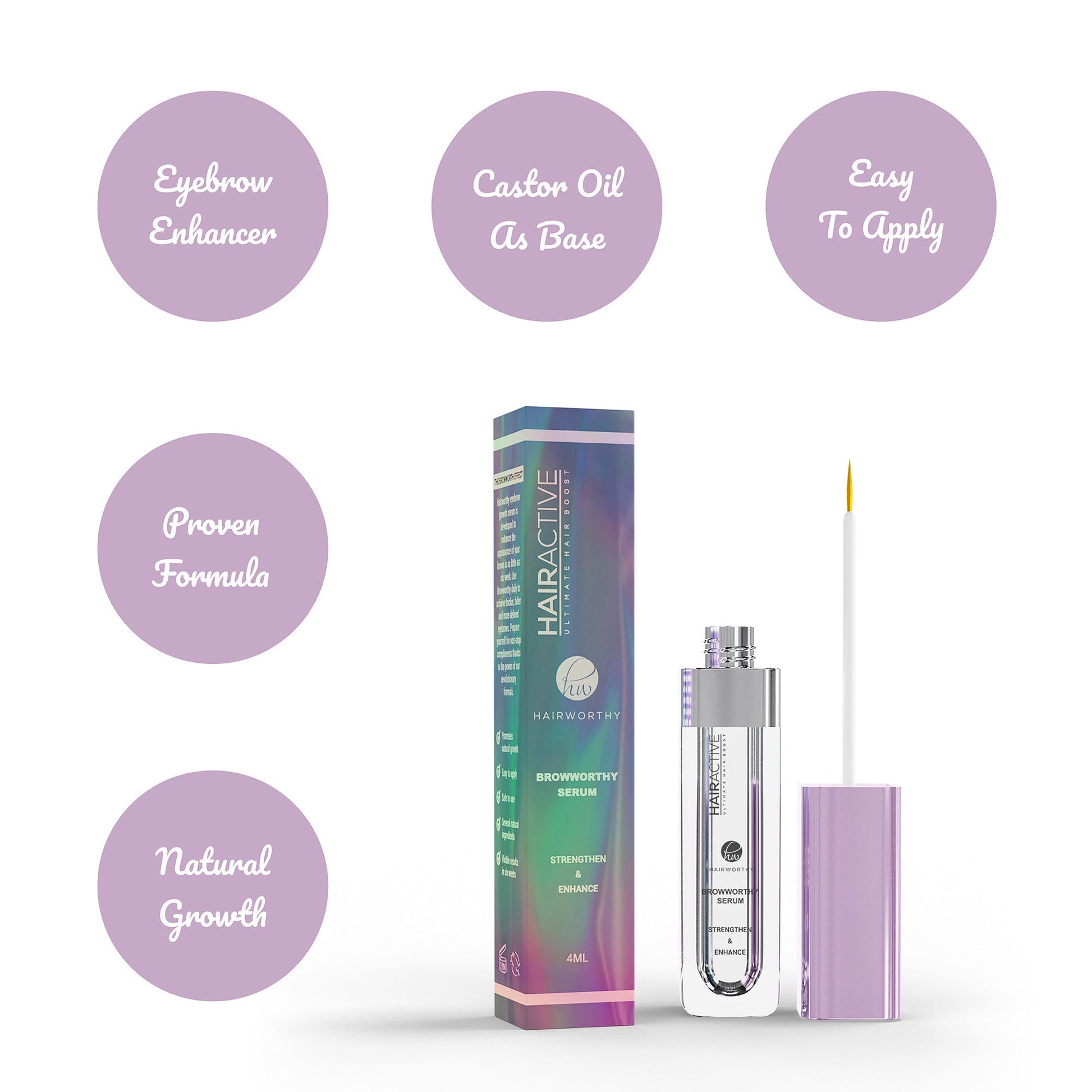 Eyebrow serum bottle with applicator, beside boxed serum; purple cap and clear barrel