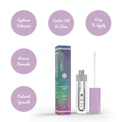 Eyebrow serum bottle with applicator, beside boxed serum; purple cap and clear barrel