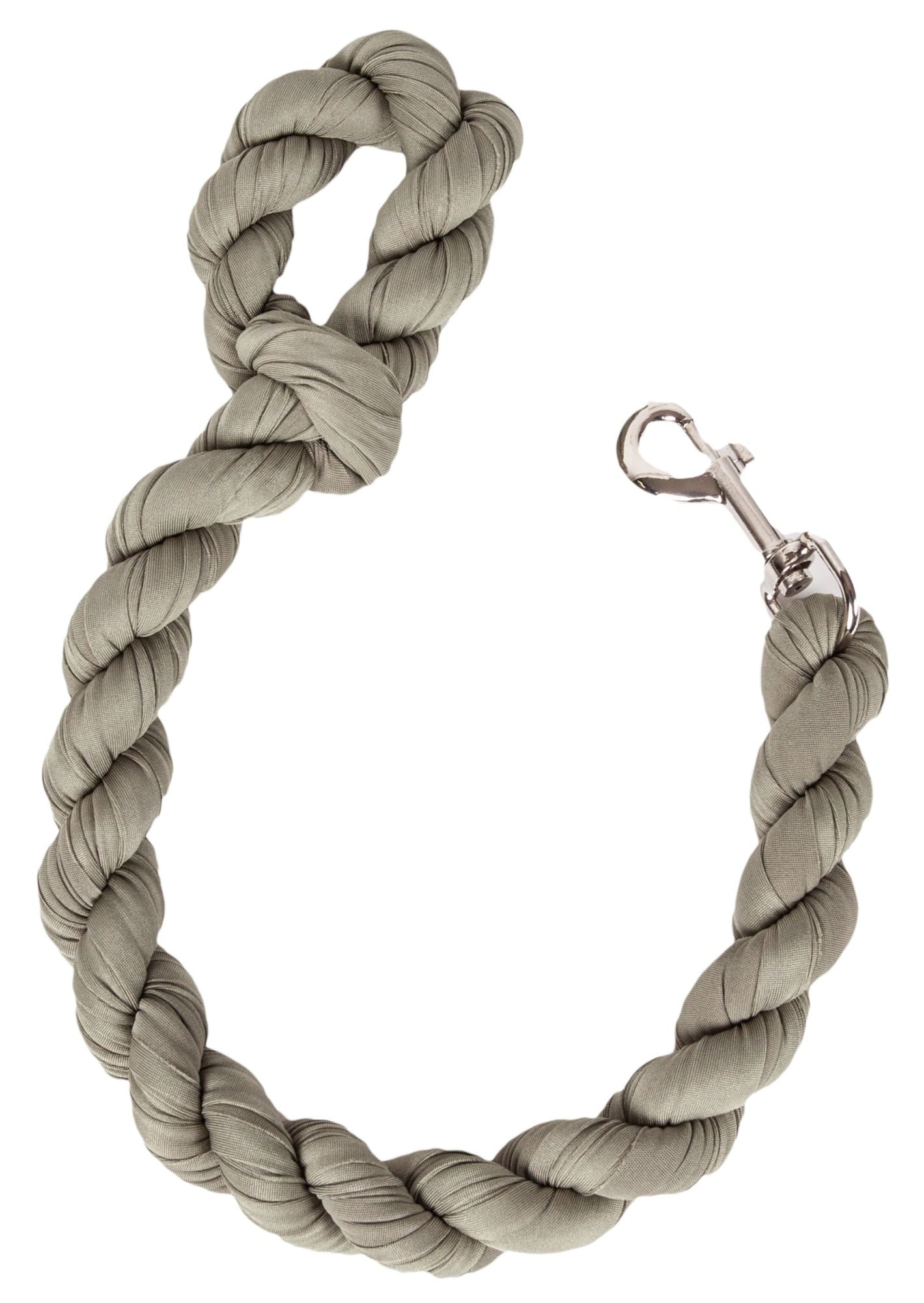 Olive braided dog leash with metal clip, shown in a circular loop