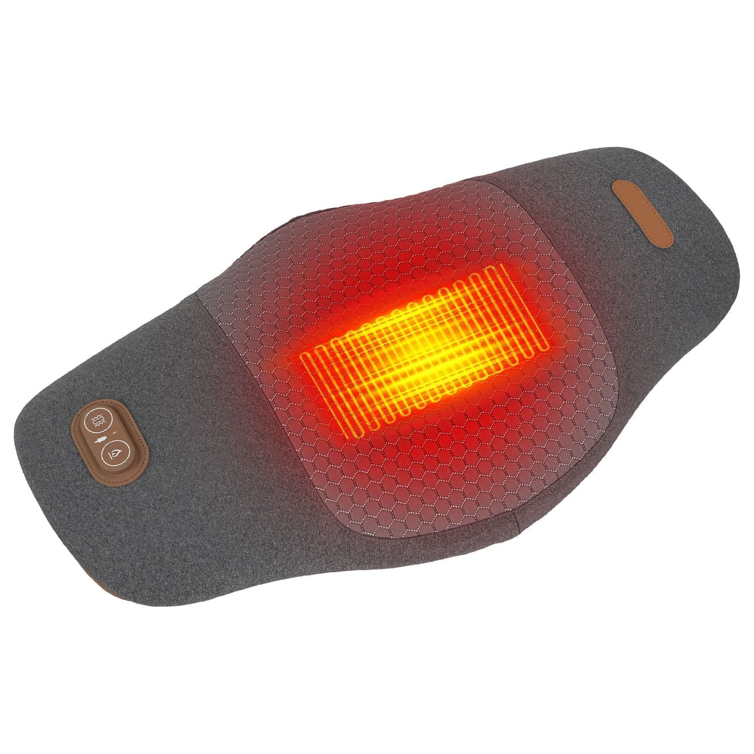 Dark grey lumbar massager pillow with glowing heat panel on back support
