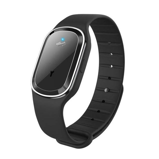 Mosquito repellent watch band, black band with oval screen and silver trim