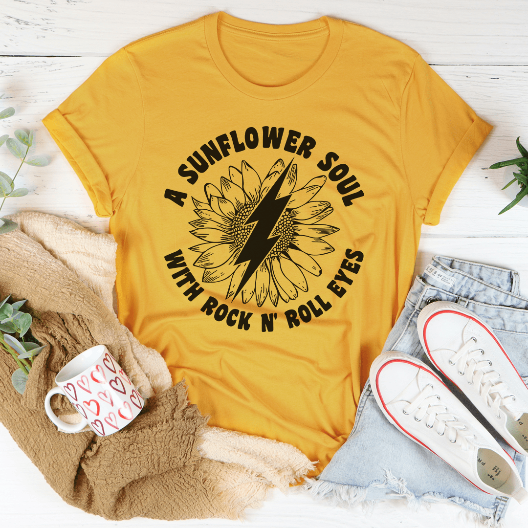 Mustard T-shirt with sunflower lightning and 'Sunflower Soul' graphic with text