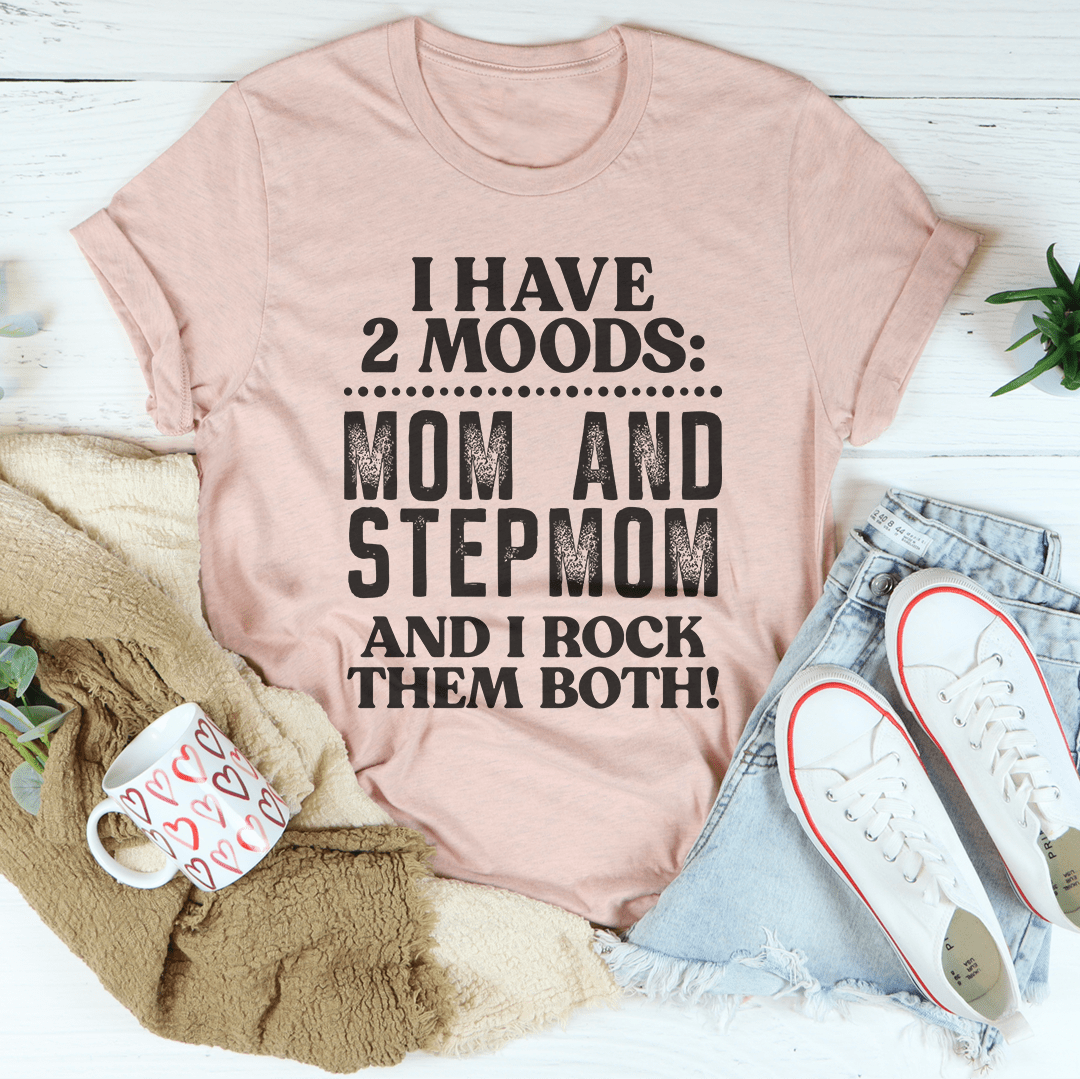Light mauve crew-neck T-shirt with black '2 MOODS' mom and stepmom graphic